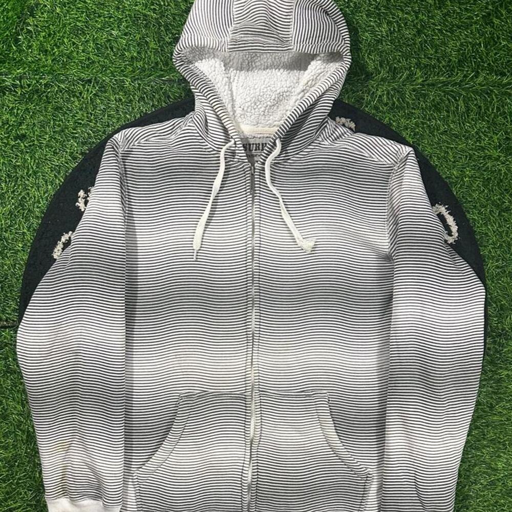 2000s Surplus Sherpa Lined Y2K Striped Hoodie - XL; 21x28 (Width/Length)